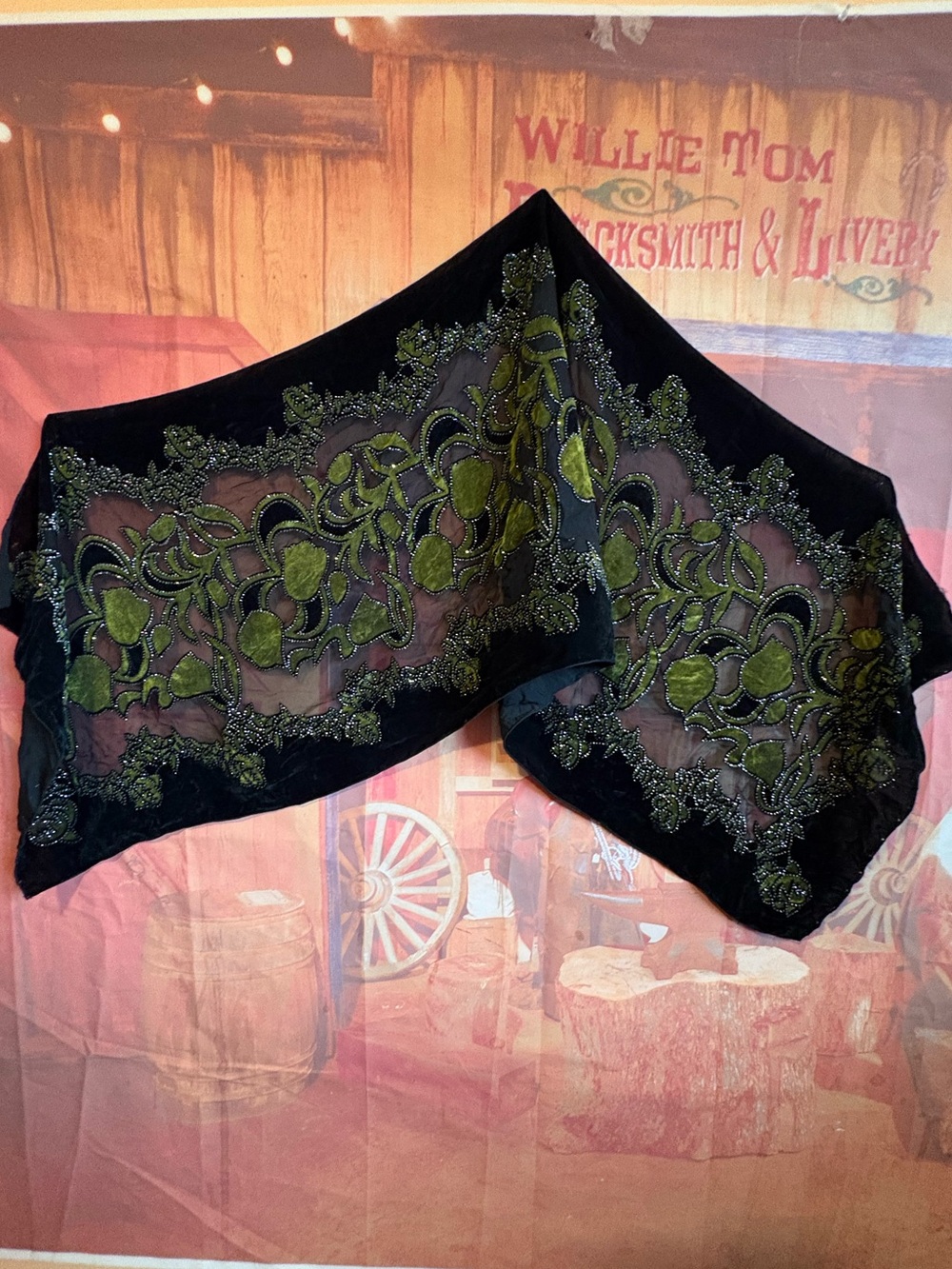 Vintage XL Black Velvet Burnout Scarf / Shawl